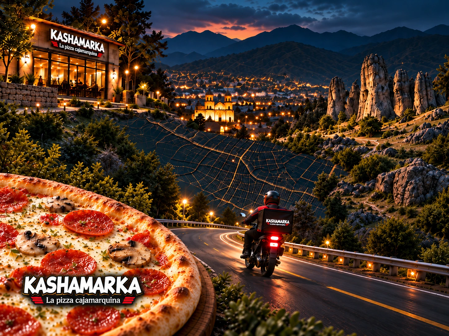 Recorrido nocturno de delivery de Pizzería Kashamarka